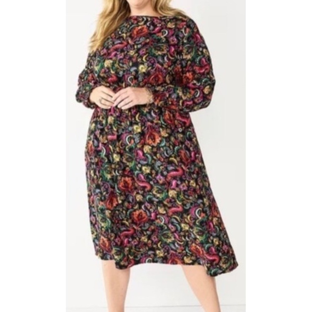 Tapestry Dress Long Sleeve Peasant Prairie Boho  Retro Artsy Earthy Breezy Sz 2x